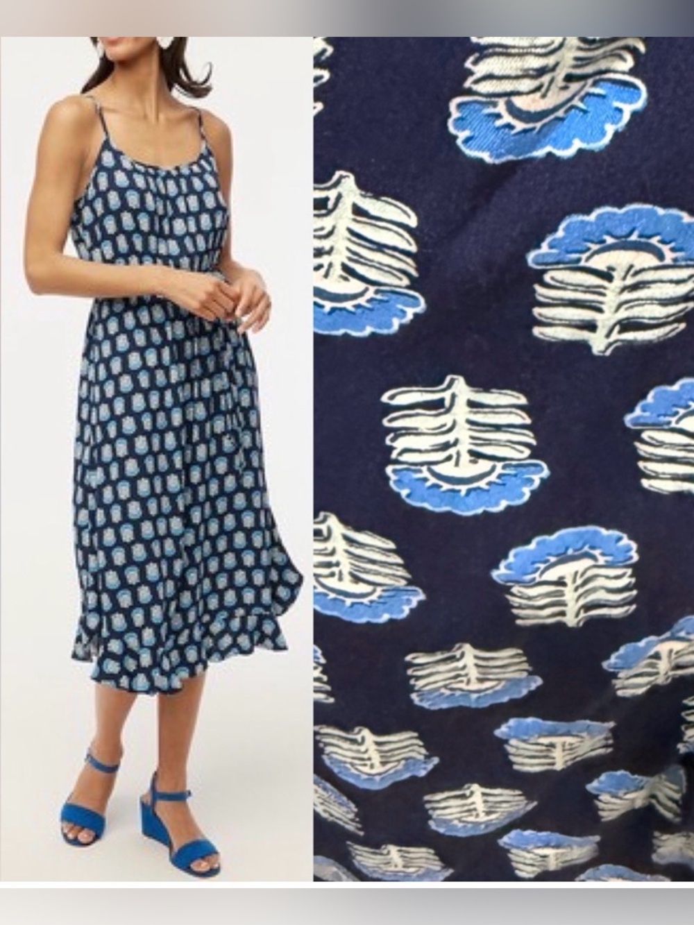 J. Crew Sleeveless Midi Dress with Ruffle Hem  and Tie Waist Blue Floral Size 4